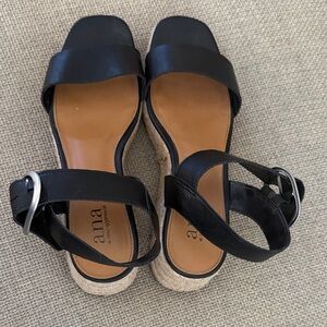 a.n.a Black Leather Espadrille Wedge Sandals